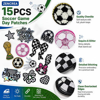 Soccer Patches 15 Pcs, Game Day Chenille Patches Iron On , Embroidered Appliques Sports Patches for Clothes, Backpacks, Hats, Jerseys & Jeans, Sport Party DIY Accessories