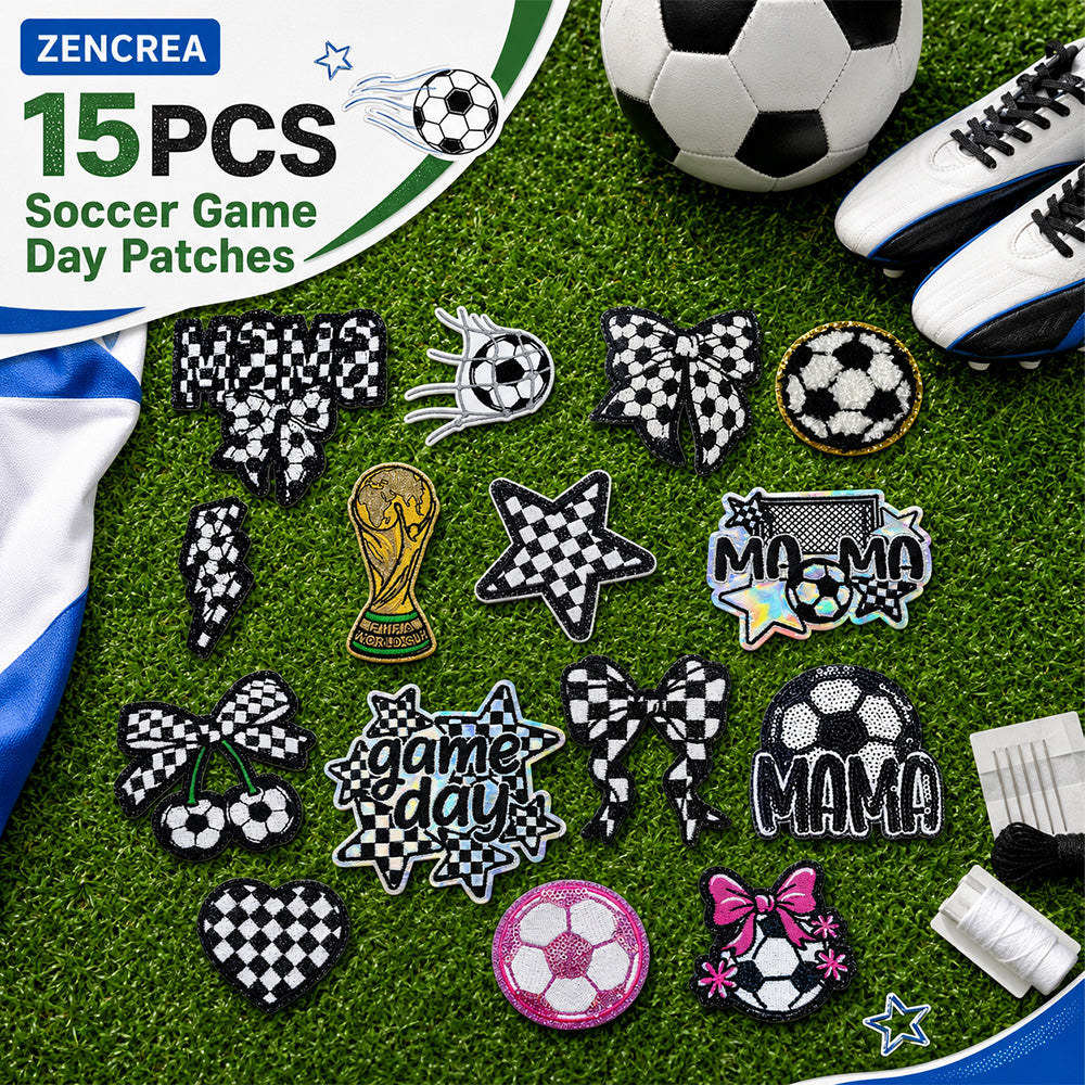 Soccer Patches 15 Pcs, Game Day Chenille Patches Iron On , Embroidered Appliques Sports Patches for Clothes, Backpacks, Hats, Jerseys & Jeans, Sport Party DIY Accessories