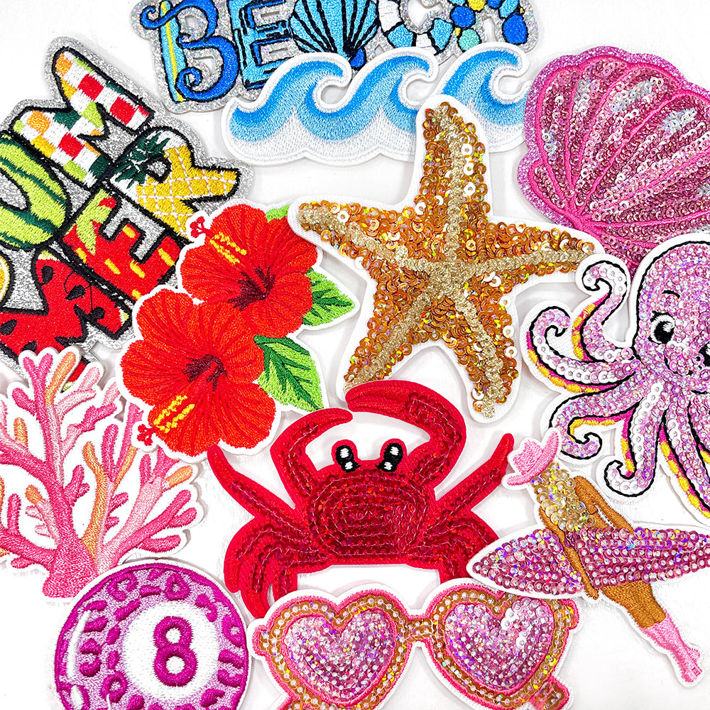 12Pcs Summer Sequin Embroidered Iron-On Patches in tropical pink style