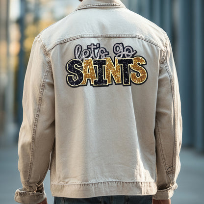 Let’s Go Saints Sequin Iron On Patch, Black Gold Silver Glitter Word Embroidery Applique, Sports Team Spirit Sew On Patch for Hoodie Jacket Backpack Hat, Game Day Fan DIY Decor