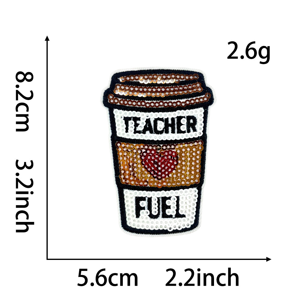 Teacher Sequin Iron On Patches 4Pcs, Back To School Educator Embroidery Appliques, Sequined Blackboard Book Owl Coffee Cup Badges for Jacket Backpack Tote Bag, Teacher Appreciation DIY Gift