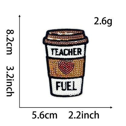 Teacher Sequin Iron On Patches 4Pcs, Back To School Educator Embroidery Appliques, Sequined Blackboard Book Owl Coffee Cup Badges for Jacket Backpack Tote Bag, Teacher Appreciation DIY Gift