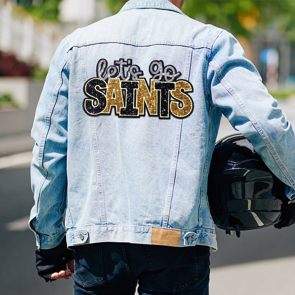Let’s Go Saints Sequin Iron On Patch, Black Gold Silver Glitter Word Embroidery Applique, Sports Team Spirit Sew On Patch for Hoodie Jacket Backpack Hat, Game Day Fan DIY Decor