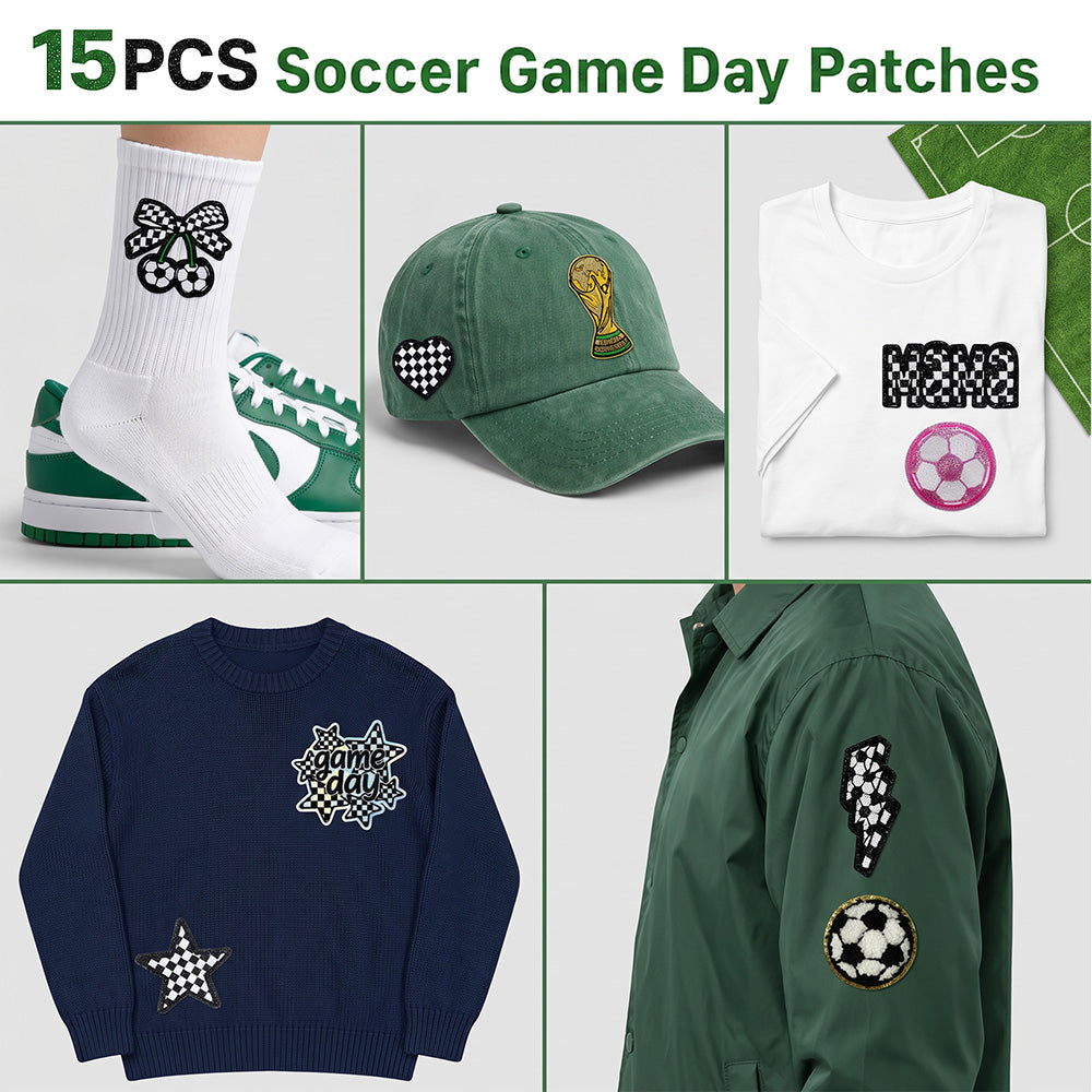 Soccer Patches 15 Pcs, Game Day Chenille Patches Iron On , Embroidered Appliques Sports Patches for Clothes, Backpacks, Hats, Jerseys & Jeans, Sport Party DIY Accessories