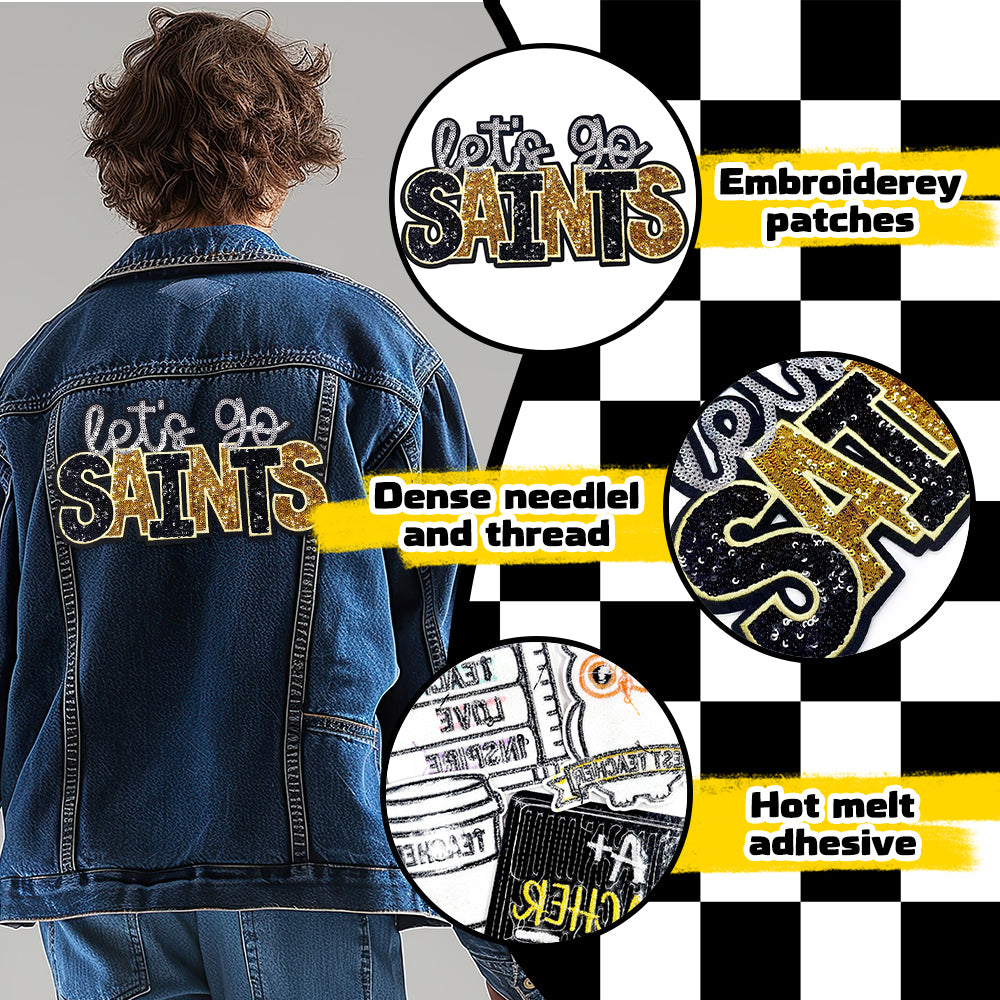Let’s Go Saints Sequin Iron On Patch, Black Gold Silver Glitter Word Embroidery Applique, Sports Team Spirit Sew On Patch for Hoodie Jacket Backpack Hat, Game Day Fan DIY Decor