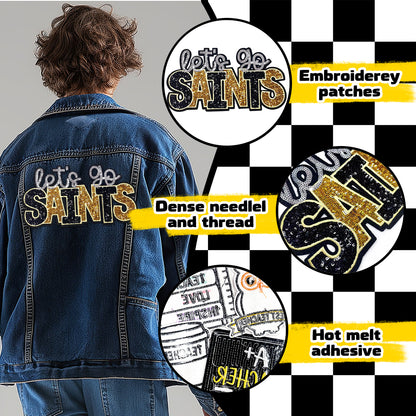 Let’s Go Saints Sequin Iron On Patch, Black Gold Silver Glitter Word Embroidery Applique, Sports Team Spirit Sew On Patch for Hoodie Jacket Backpack Hat, Game Day Fan DIY Decor