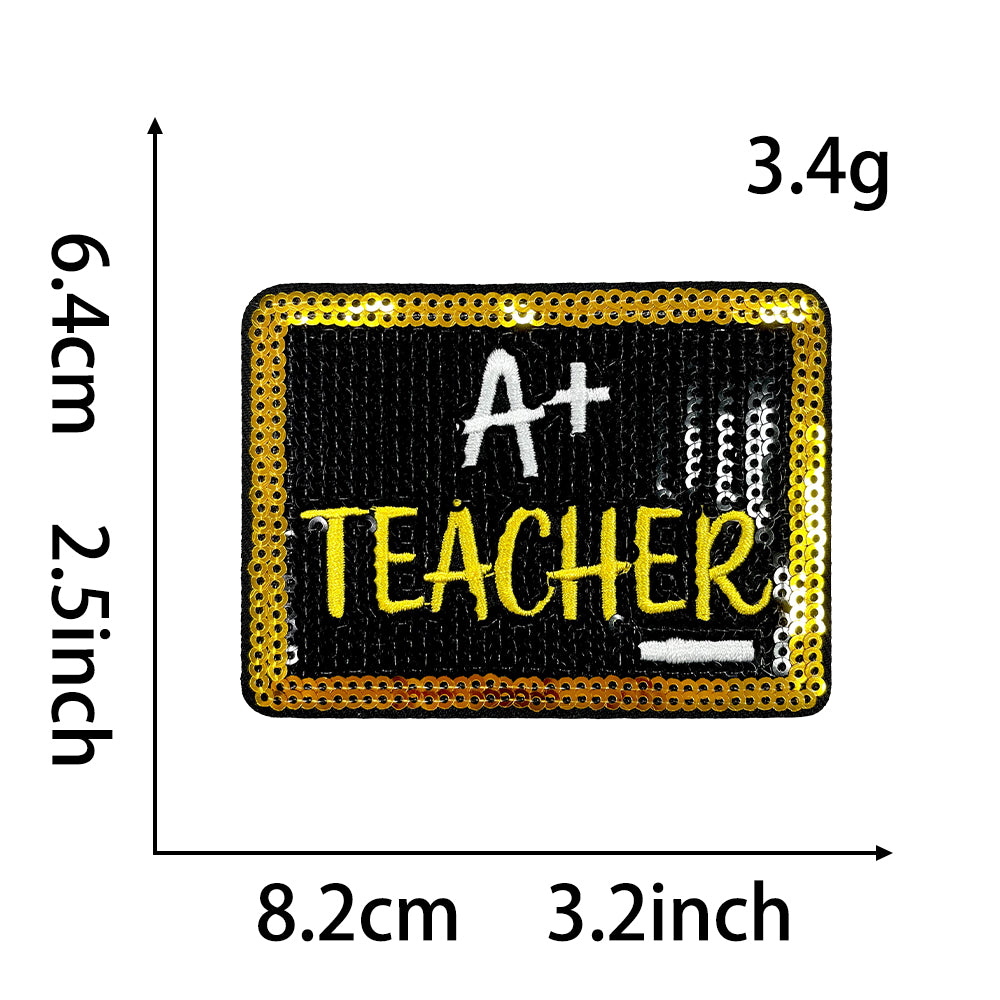 Teacher Sequin Iron On Patches 4Pcs, Back To School Educator Embroidery Appliques, Sequined Blackboard Book Owl Coffee Cup Badges for Jacket Backpack Tote Bag, Teacher Appreciation DIY Gift