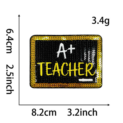 Teacher Sequin Iron On Patches 4Pcs, Back To School Educator Embroidery Appliques, Sequined Blackboard Book Owl Coffee Cup Badges for Jacket Backpack Tote Bag, Teacher Appreciation DIY Gift