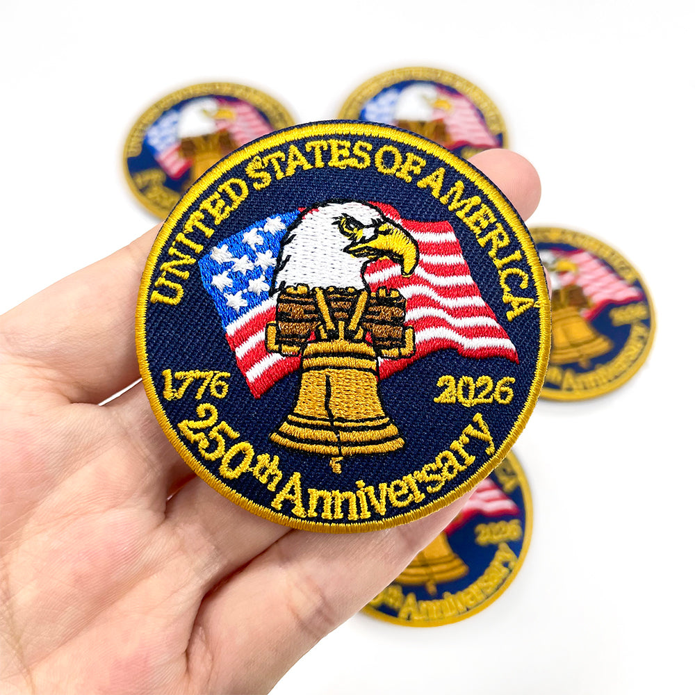 USA 250th Anniversary Eagle Liberty Bell Brooch Patch, 1776-2026 American Flag Embroidered Pin Badge, Patriotic Round Embroidered Patch Pin for Jacket Hat Backpack, Independence Day DIY Decor