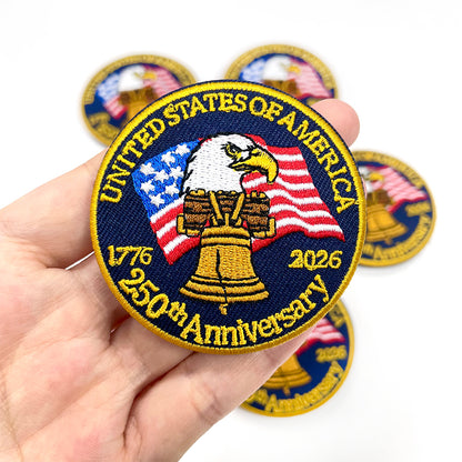 USA 250th Anniversary Eagle Liberty Bell Brooch Patch, 1776-2026 American Flag Embroidered Pin Badge, Patriotic Round Embroidered Patch Pin for Jacket Hat Backpack, Independence Day DIY Decor