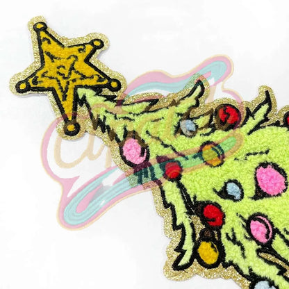 Christmas Tree Multicolor chenille adhesive patches with gold broder - Clpatch