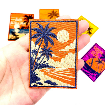 5 Pcs Retro Beach Sunset Embroidery Patch Set Iron on Tropical Palm Tree