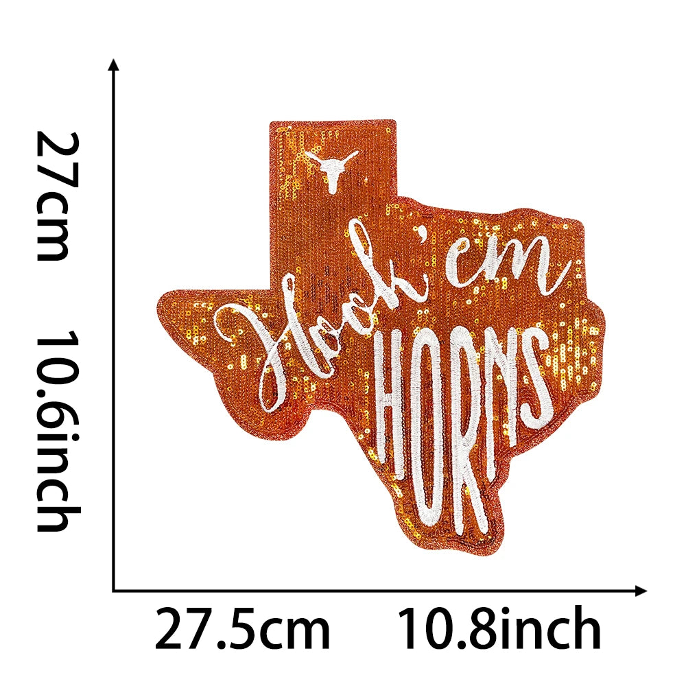 Texas Iron-On Patches college long horns Sequin big patches