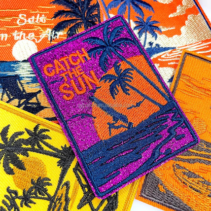 5 Pcs Retro Beach Sunset Embroidery Patch Set Iron on Tropical Palm Tree