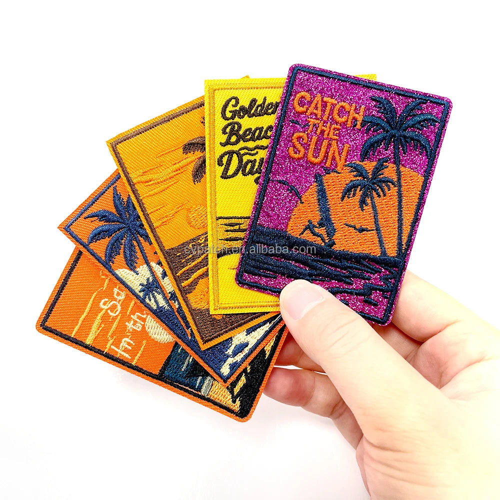 5 Pcs Retro Beach Sunset Embroidery Patch Set Iron on Tropical Palm Tree