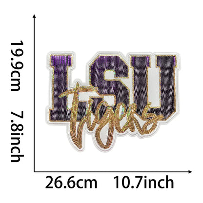 NCAA Trendy Purple LSU Tiger Sequin Patches Iron on big patch - Clpatch