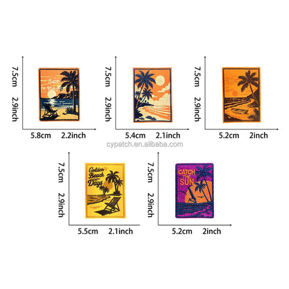 5 Pcs Retro Beach Sunset Embroidery Patch Set Iron on Tropical Palm Tree