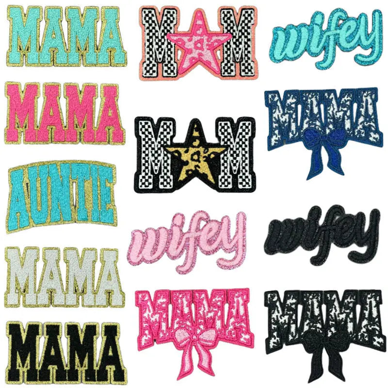 Colorful Cute Embroidered MOM Wifey Bow MAMA Patches Iron on for Clothes Jackets Makeup Bags Trucker Hats Mother's Day Gift DIY