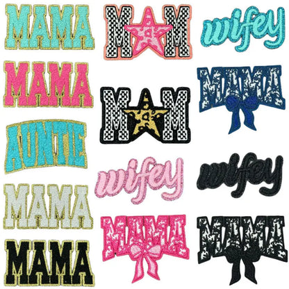 Colorful Cute Embroidered MOM Wifey Bow MAMA Patches Iron on for Clothes Jackets Makeup Bags Trucker Hats Mother's Day Gift DIY