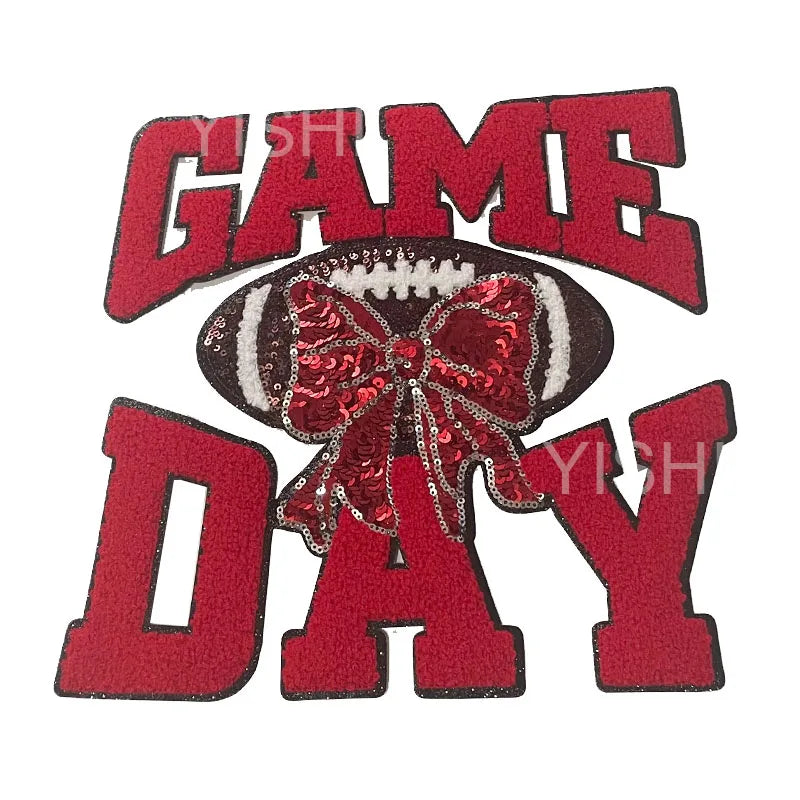 Wholesale Football Chenille Game Day Iron-on Patch Sequin Bow PVC Fabric for Hoodies Clothing Decoration Appliqued Technique - Clpatch