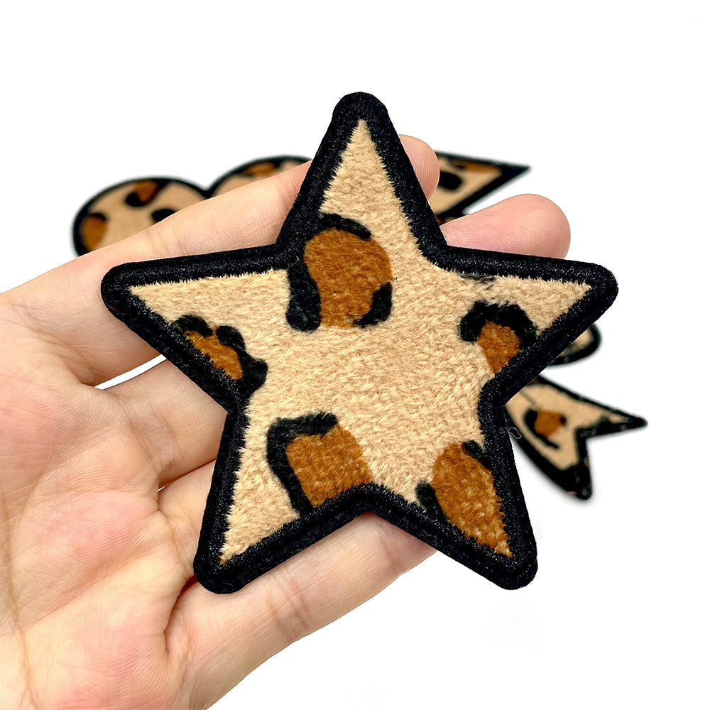 Leopard Texture Mini Patches Set – 12pcs | Star, Lightning, Bow & Heart Iron-On Appliqué