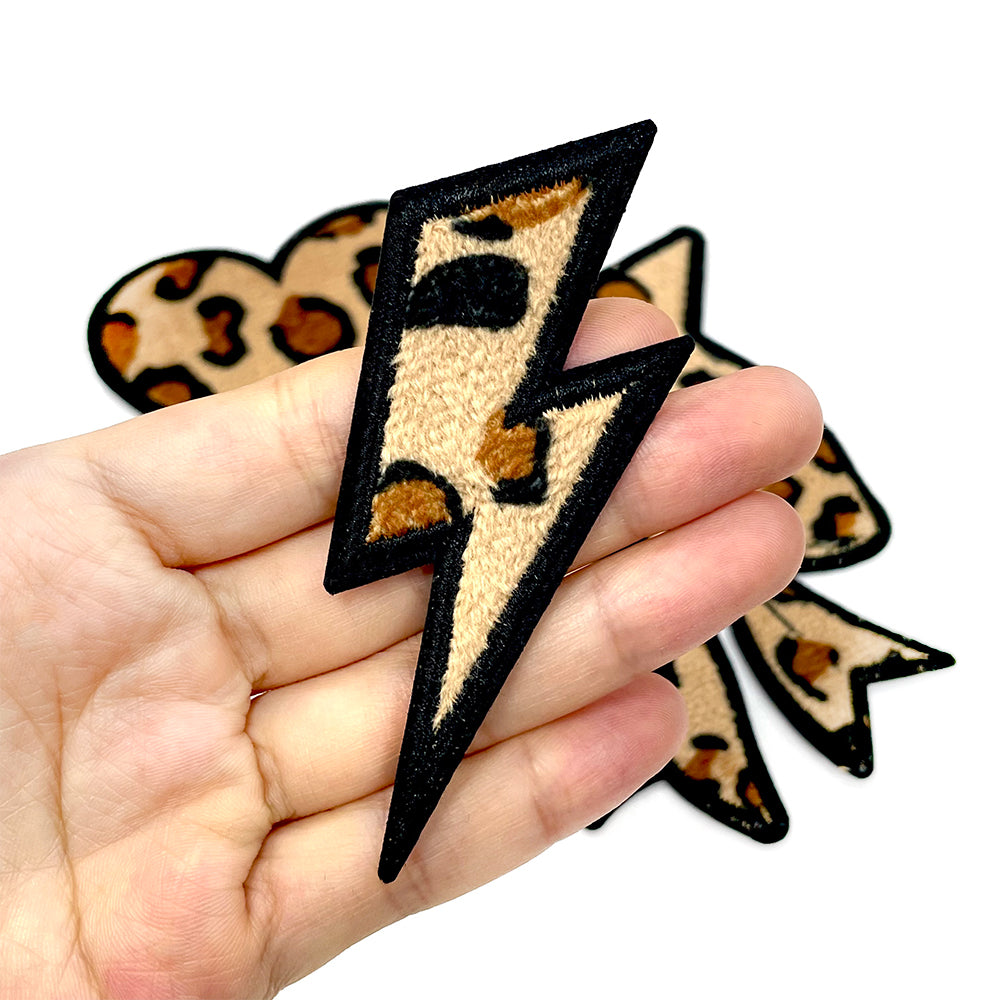 Leopard Texture Mini Patches Set – 12pcs | Star, Lightning, Bow & Heart Iron-On Appliqué