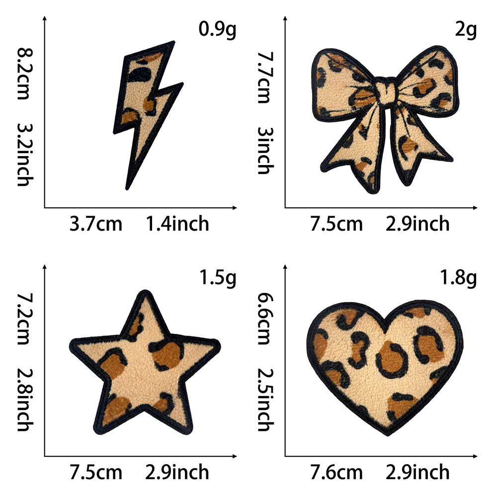 Leopard Texture Mini Patches Set – 12pcs | Star, Lightning, Bow & Heart Iron-On Appliqué