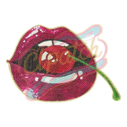 Lips with cherry Alabama embroidery sequins patches - Clpatch