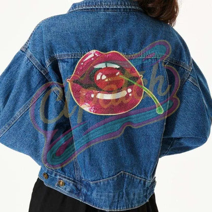 Lips with cherry Alabama embroidery sequins patches - Clpatch