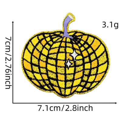 fruit and butterfly-shaped iron-on patches with a disco-ball pattern