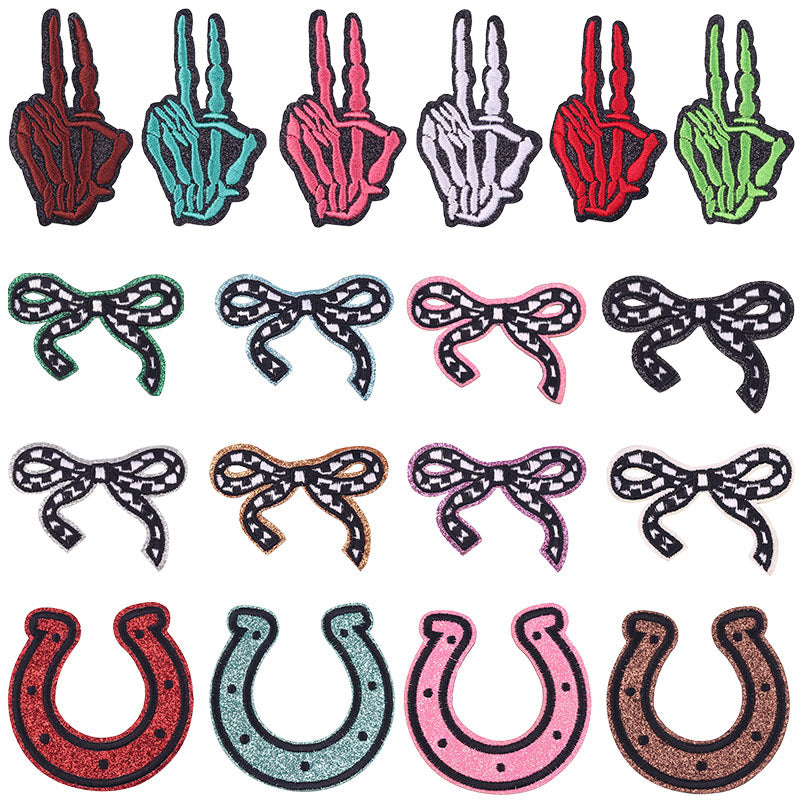 New Bow Glitter Embroidery Cloth Sticker Hot Sale Punk Skull Finger Horseshoe Patch