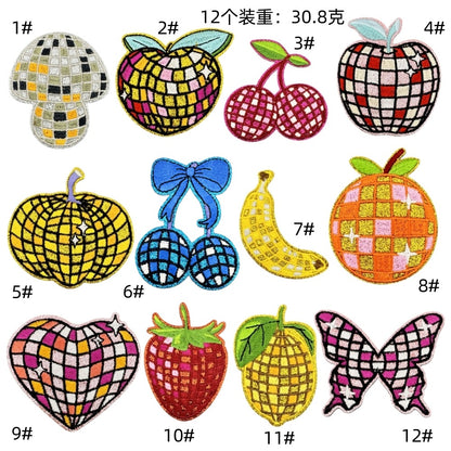 fruit and butterfly-shaped iron-on patches with a disco-ball pattern