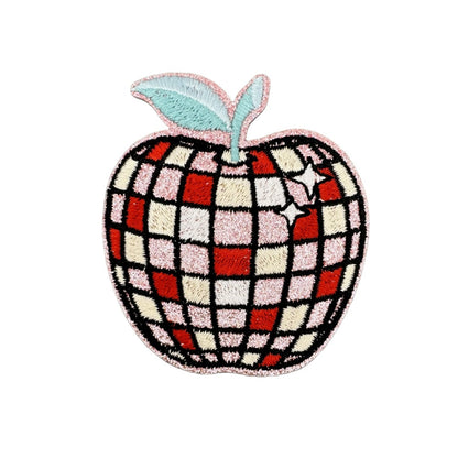 fruit and butterfly-shaped iron-on patches with a disco-ball pattern