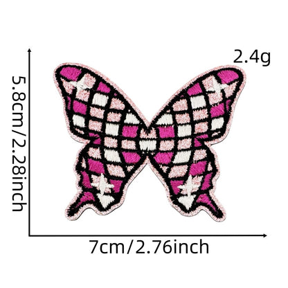 fruit and butterfly-shaped iron-on patches with a disco-ball pattern