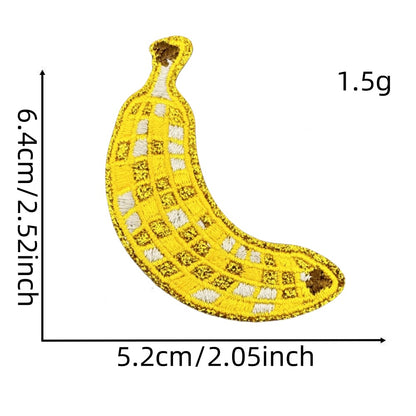 fruit and butterfly-shaped iron-on patches with a disco-ball pattern