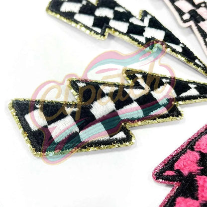 Plaid lightning chenille adhesive embroidered cloth with gold trim - Clpatch