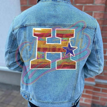 Texas Block Letter H sequins embroidery Patch Varsity Jacket Sew On - Clpatch