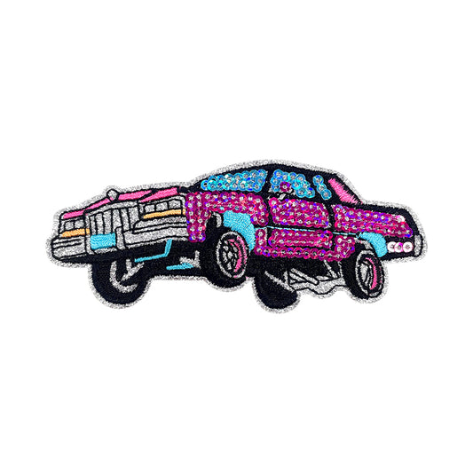 Retro lowrider-pink-blue-sequin-hydraulic-car-patch