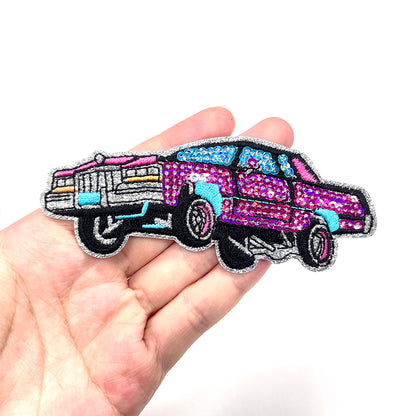 Retro lowrider-pink-blue-sequin-hydraulic-car-patch