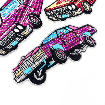 Retro lowrider-pink-blue-sequin-hydraulic-car-patch