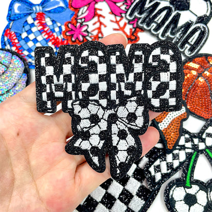 Soccer MAMA checkered bow glitter Patches